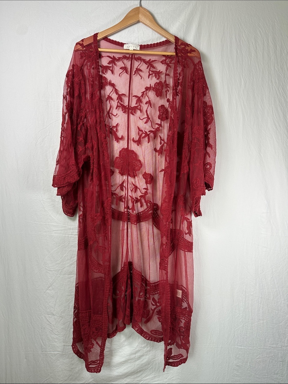 Adiva Deep Red Sheer Floral Embroidered Robe